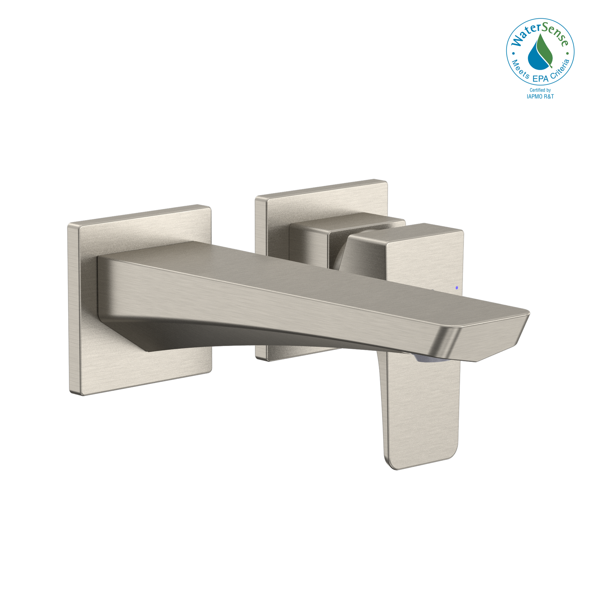 Brushed nickel wall-mount bathroom faucet with single handle and angled spout.