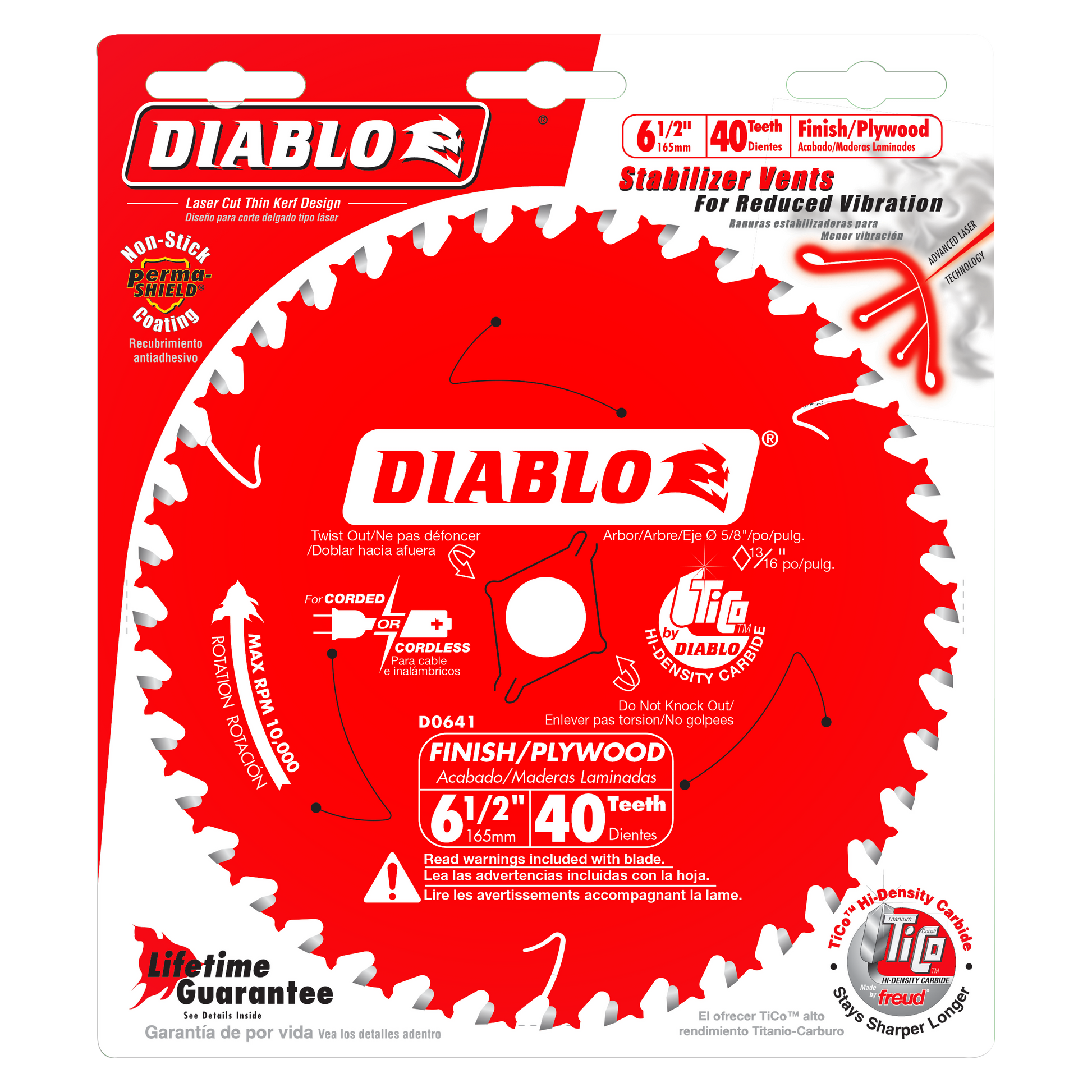 Diablo 6-1/2" circular saw blade with 40 teeth, red packaging with white tooth design and stabilizer vents.