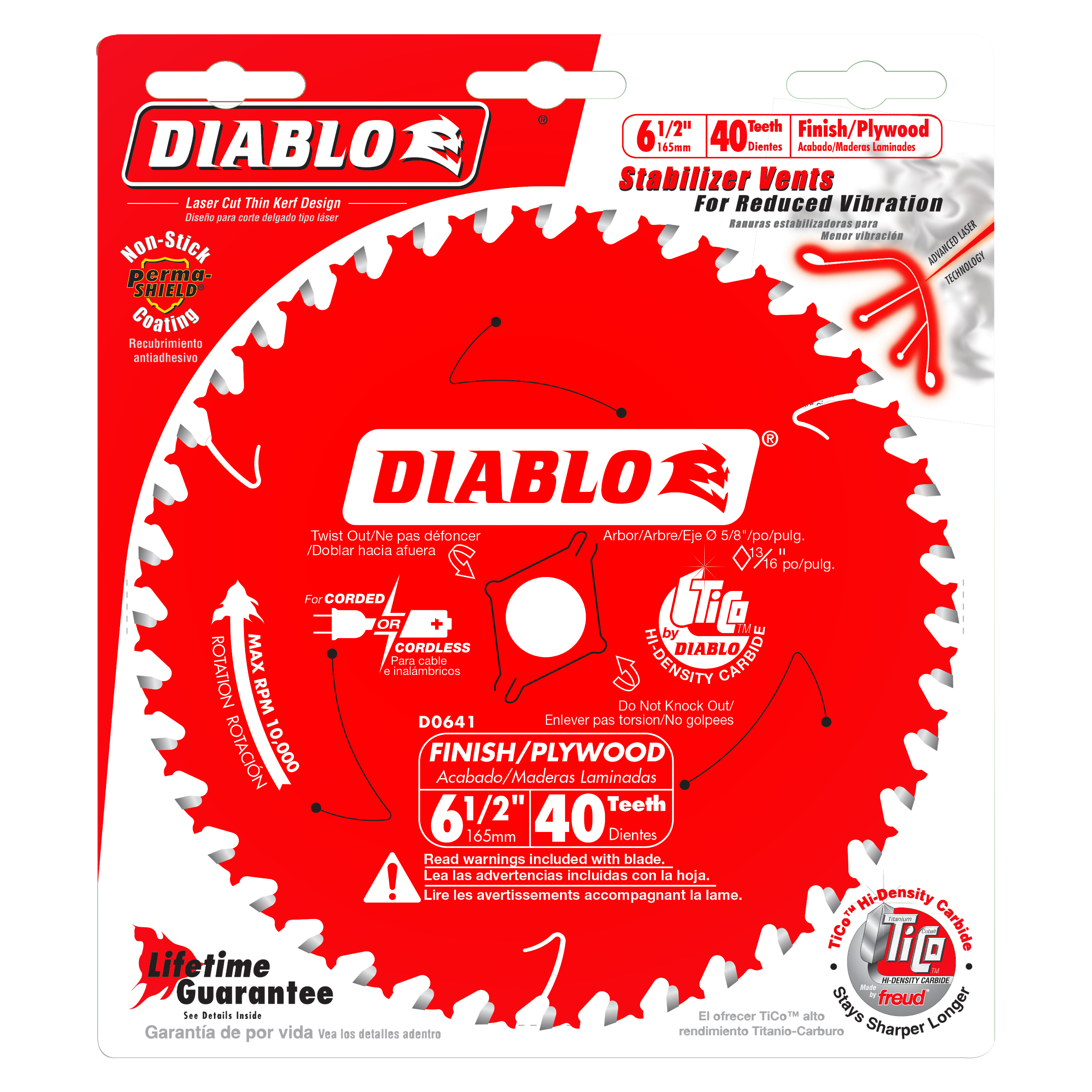 Diablo 6-1/2" circular saw blade with 40 teeth, red packaging with white tooth design and stabilizer vents.