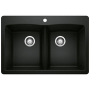 Coal black 50/50 double bowl drop-in kitchen sink with chrome drain strainers and faucet hole.