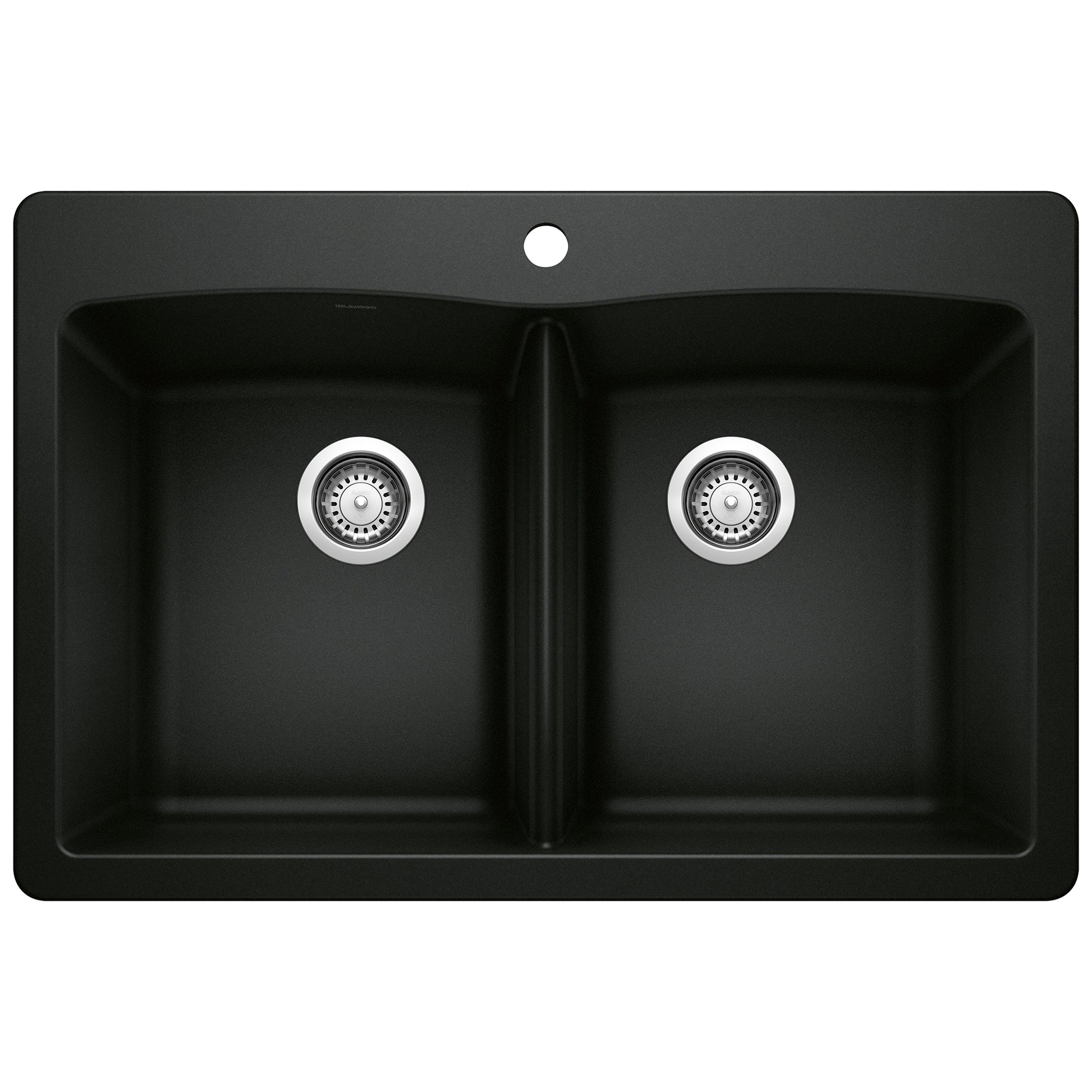Coal black 50/50 double bowl drop-in kitchen sink with chrome drain strainers and faucet hole.
