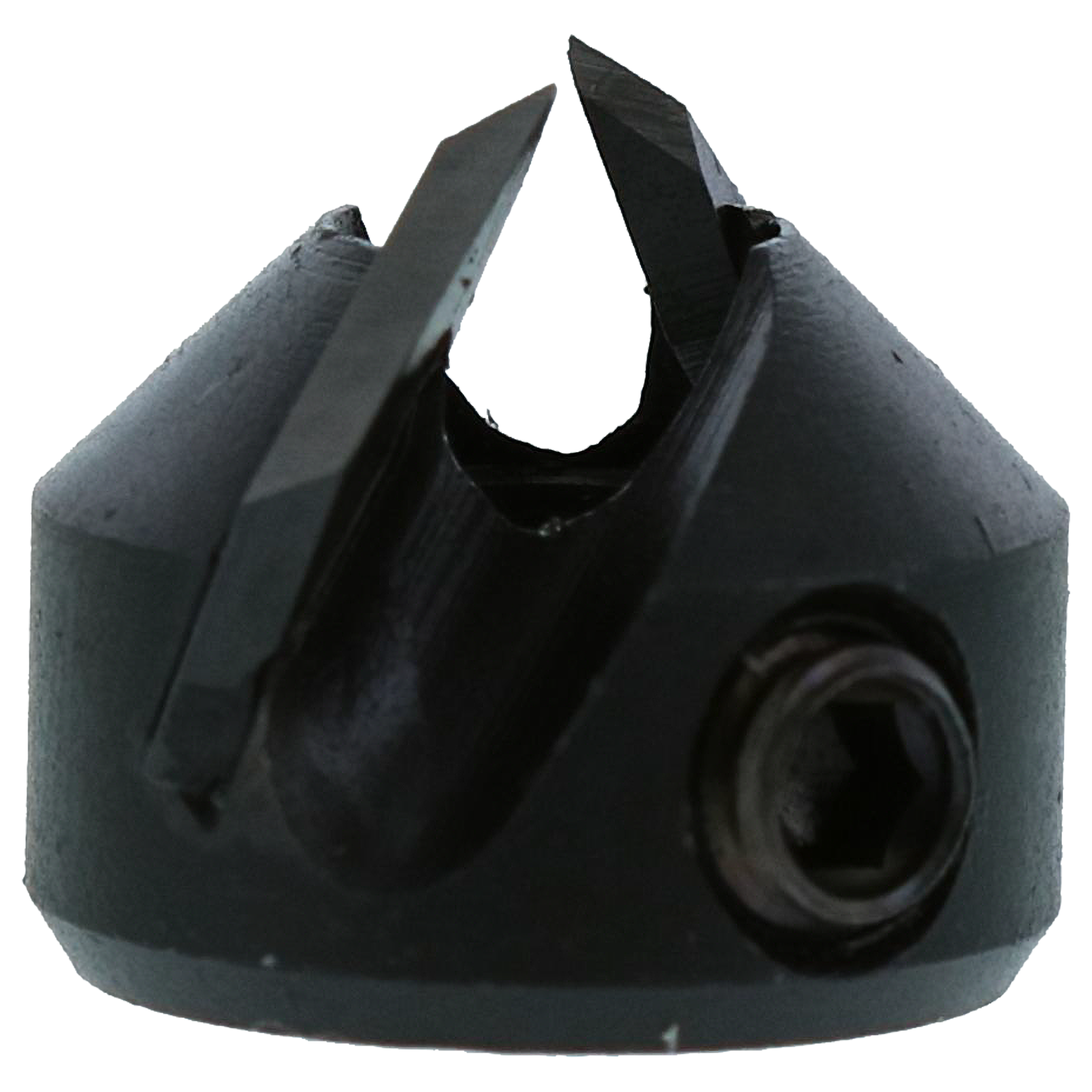 Black carbide tipped boring bit with conical cutting head and shank socket.