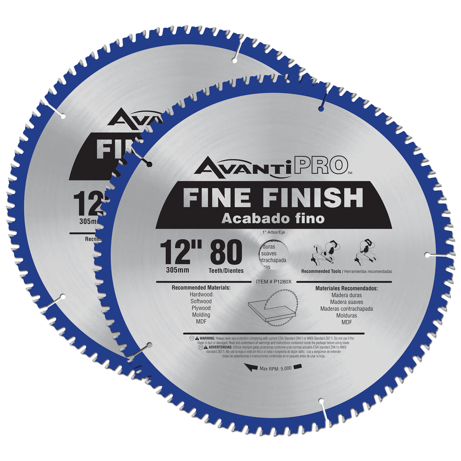 Two AvantiPro fine finish circular saw blades, 12 inches diameter with 80 teeth, blue and silver finish.