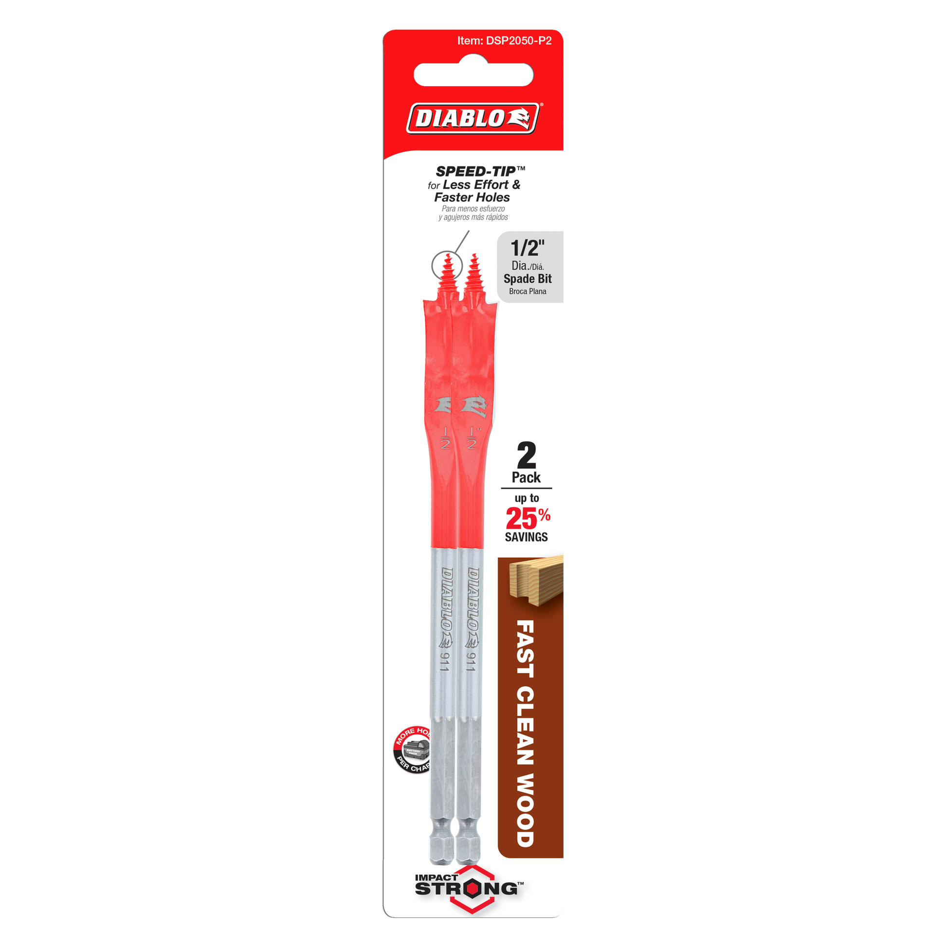Two red and silver 1/2 inch spade bits with Speed-Tip design on Diablo packaging card.