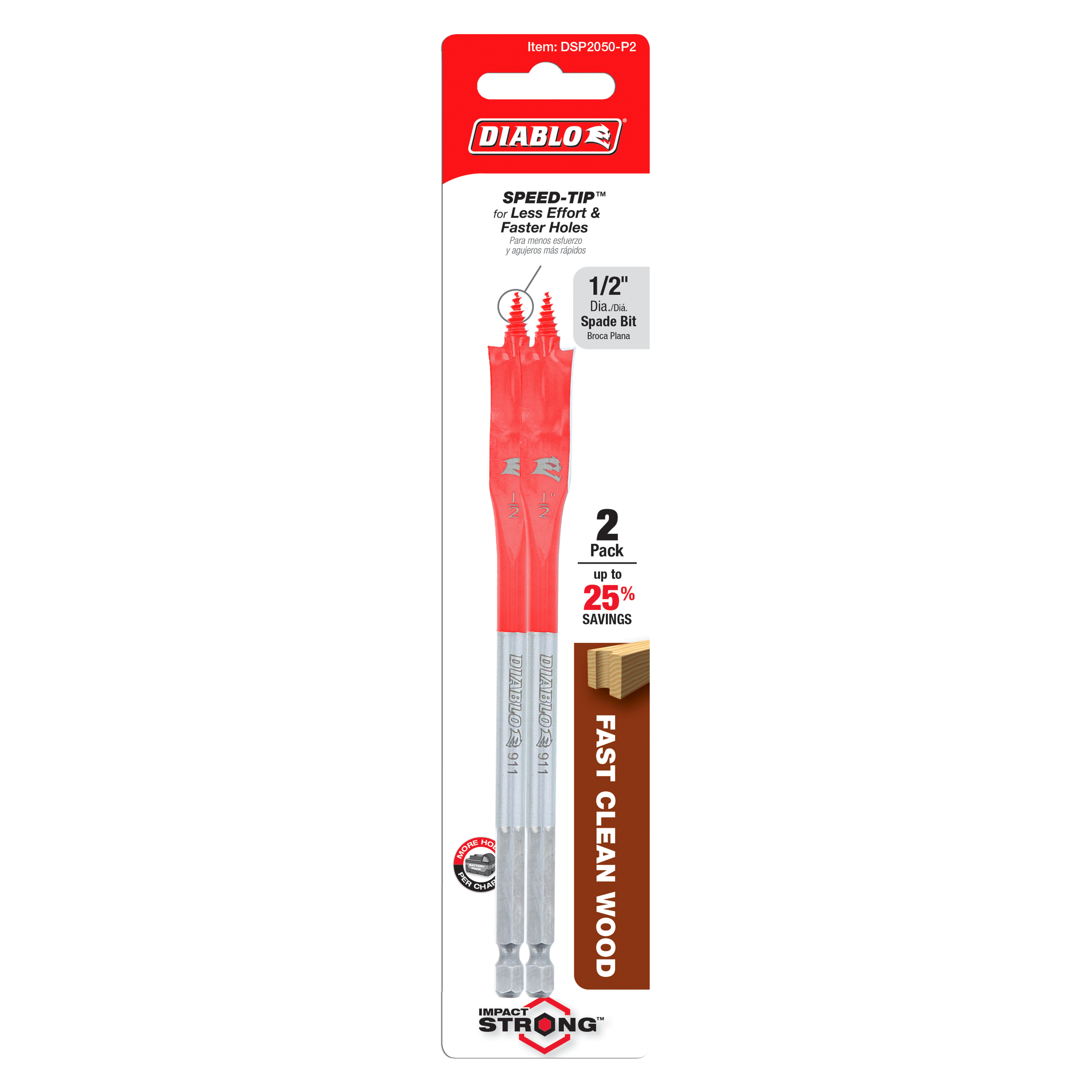 Two red and silver 1/2 inch spade bits with Speed-Tip design on Diablo packaging card.