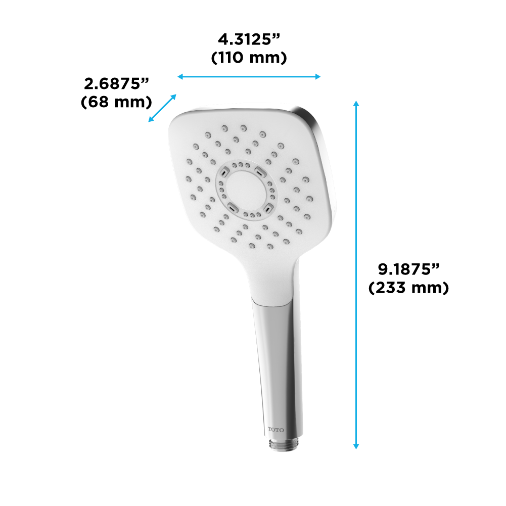 Polished nickel square handheld showerhead with multiple spray jets and cylindrical handle.