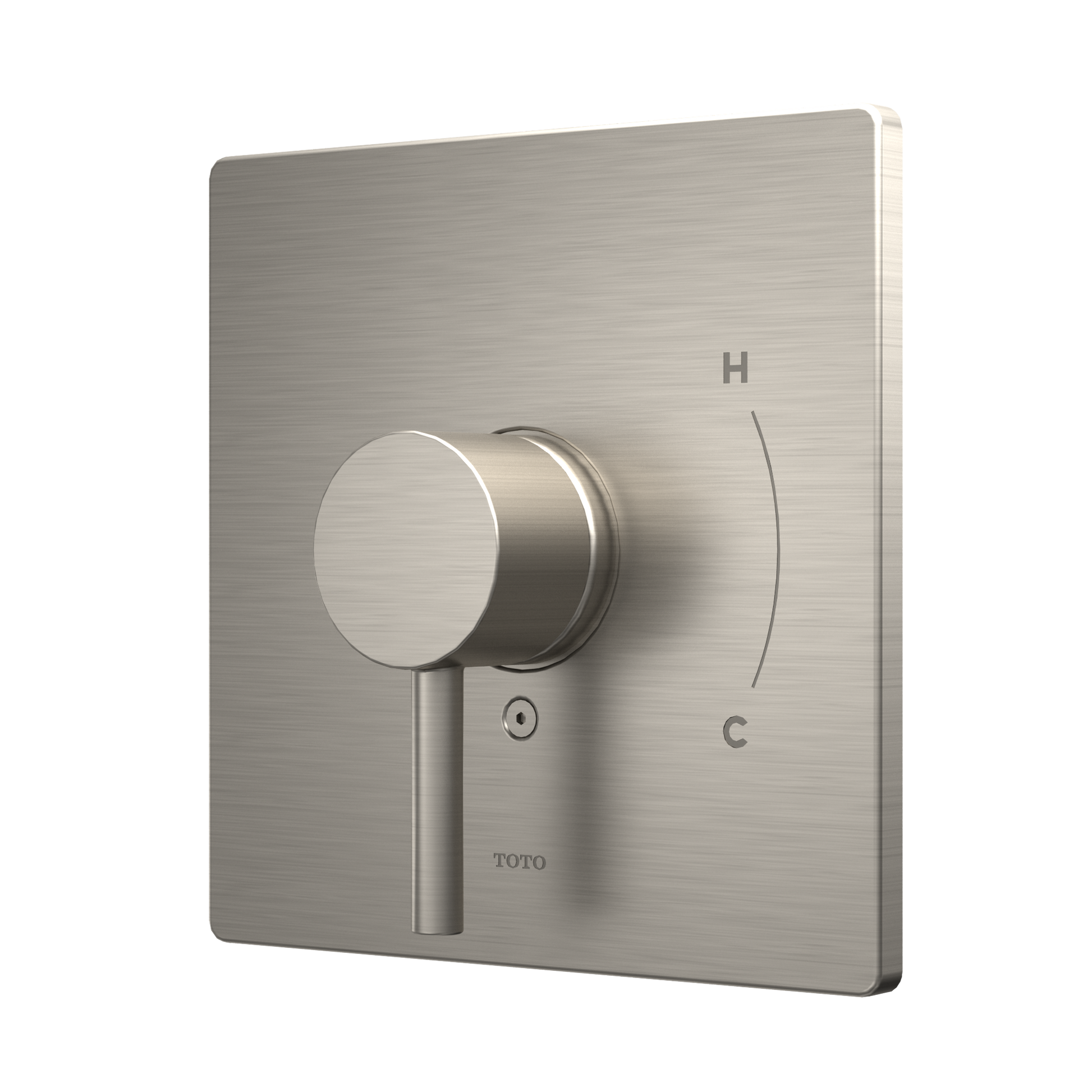 Brushed nickel square shower valve trim with round lever handle and single control marked with H and C indicators.