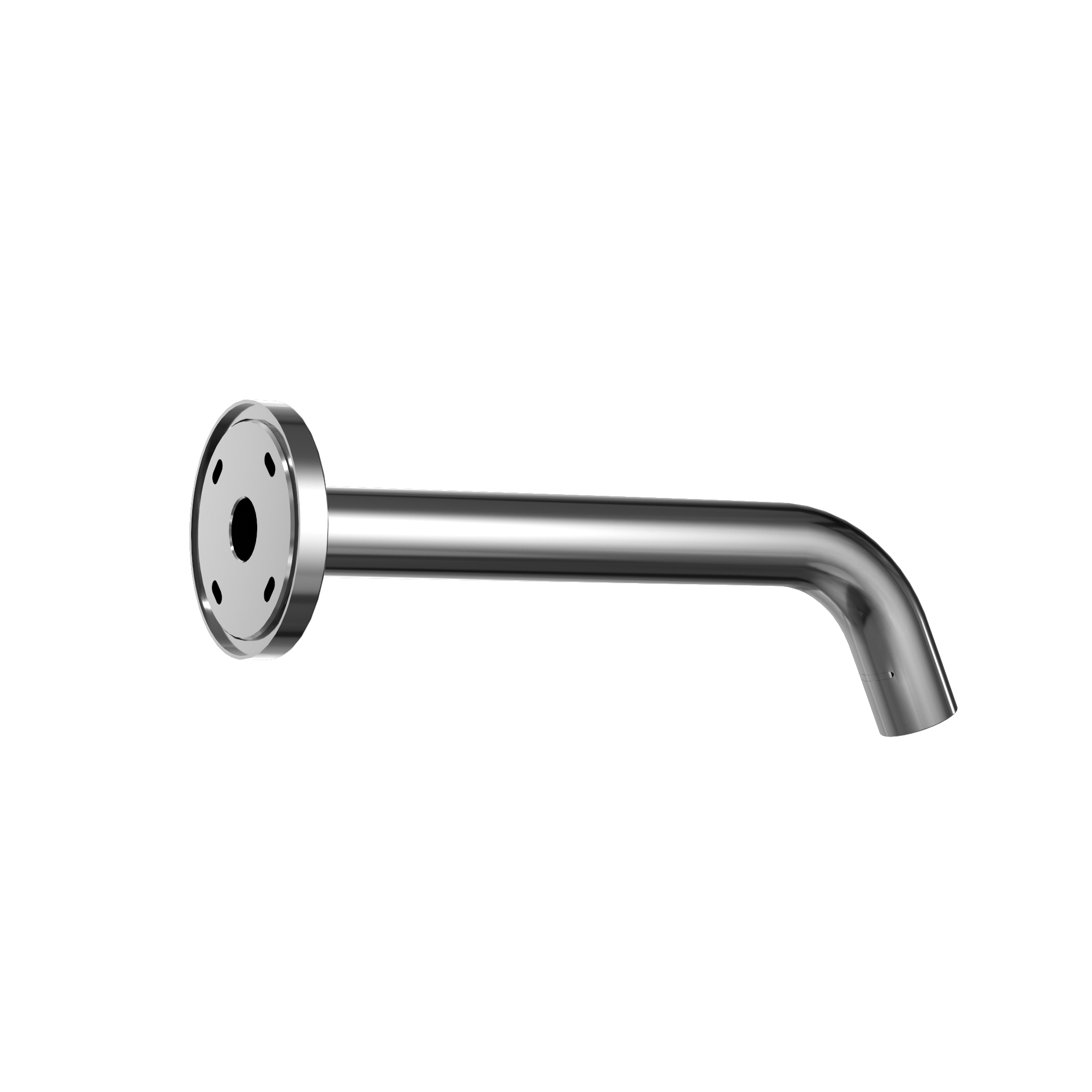 Polished chrome wall-mounted bathroom faucet with curved spout and circular sensor plate.