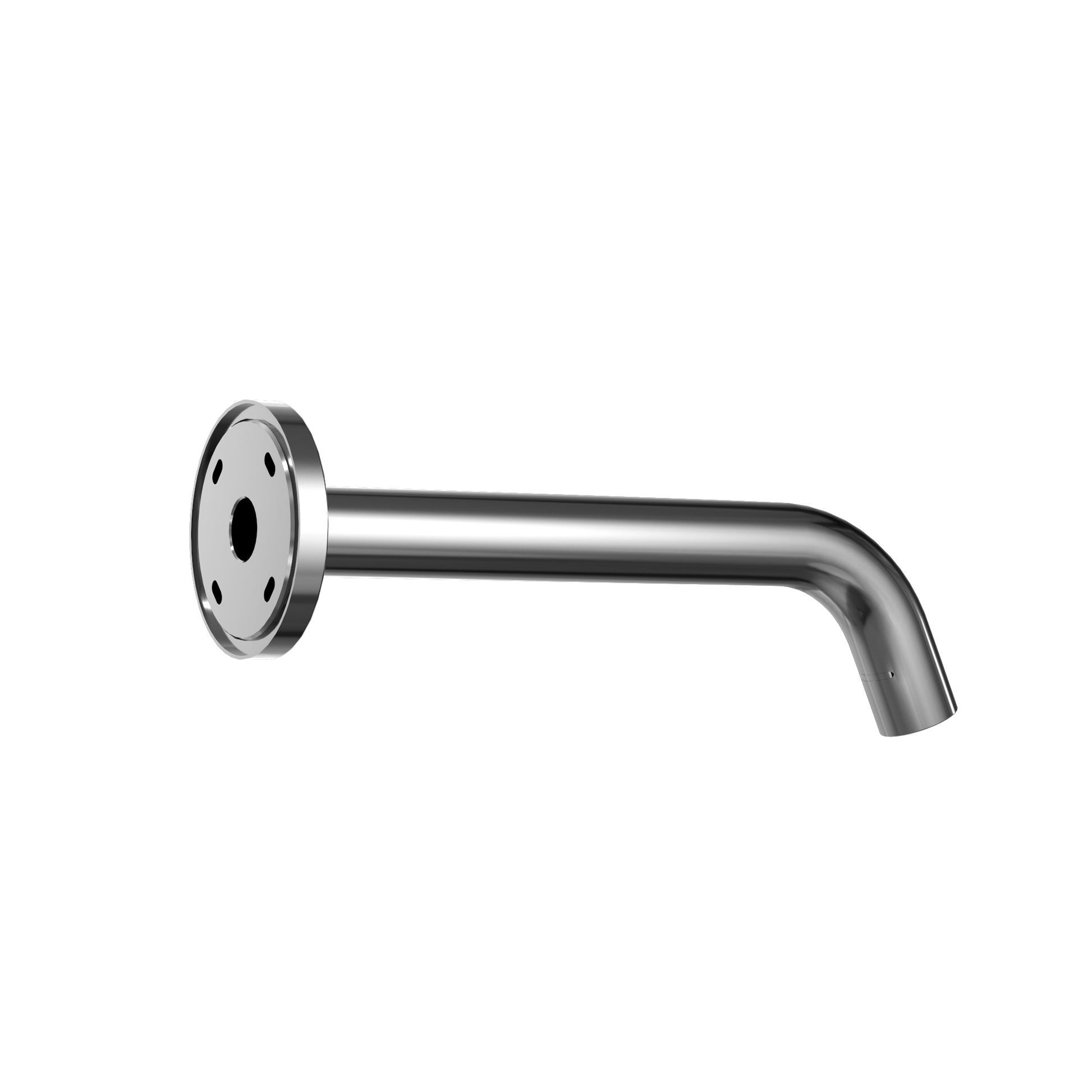 Polished chrome wall-mounted touchless bathroom faucet with curved spout and sensor-equipped round escutcheon plate.
