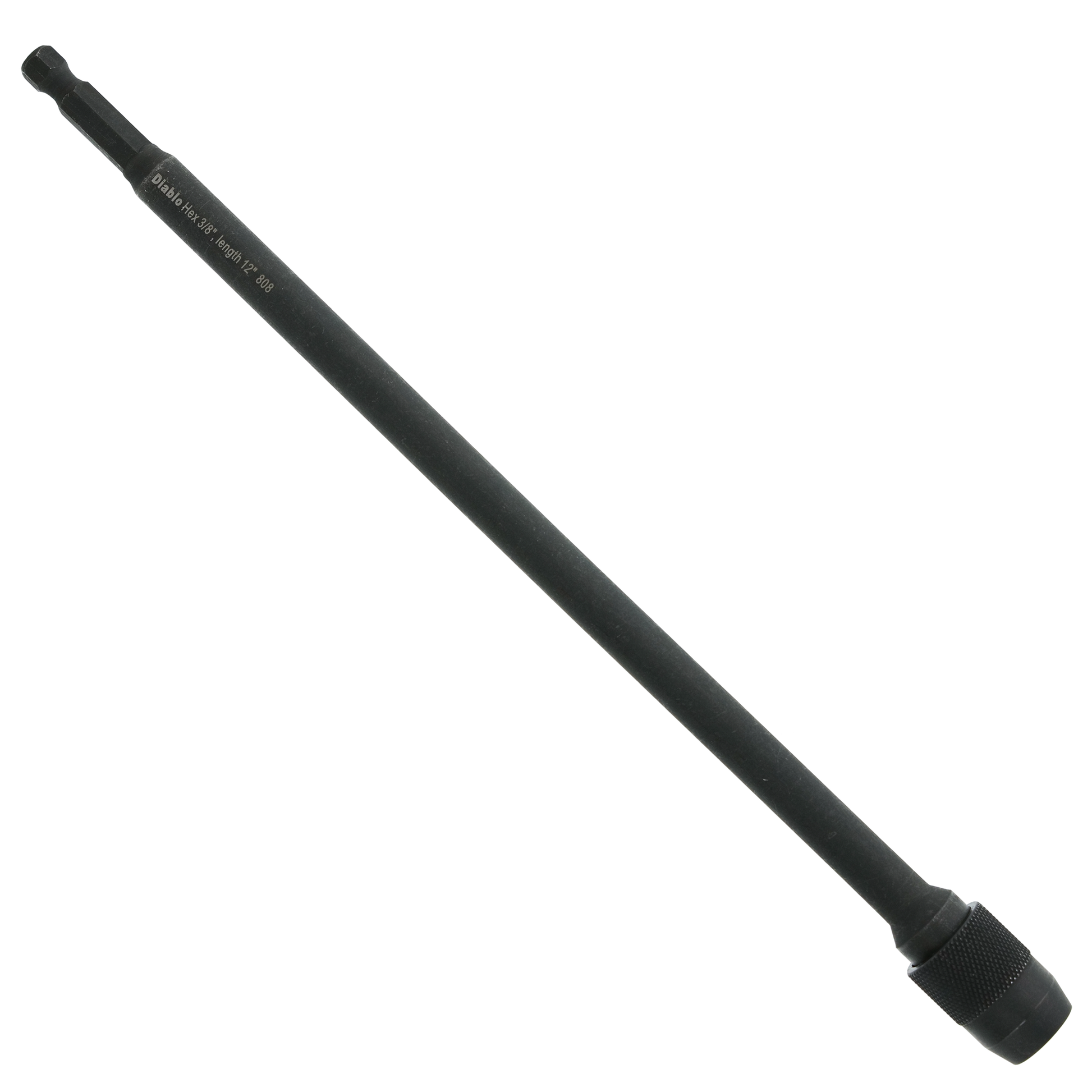 Black metal extension shaft with knurled grip end and engraved text on barrel.