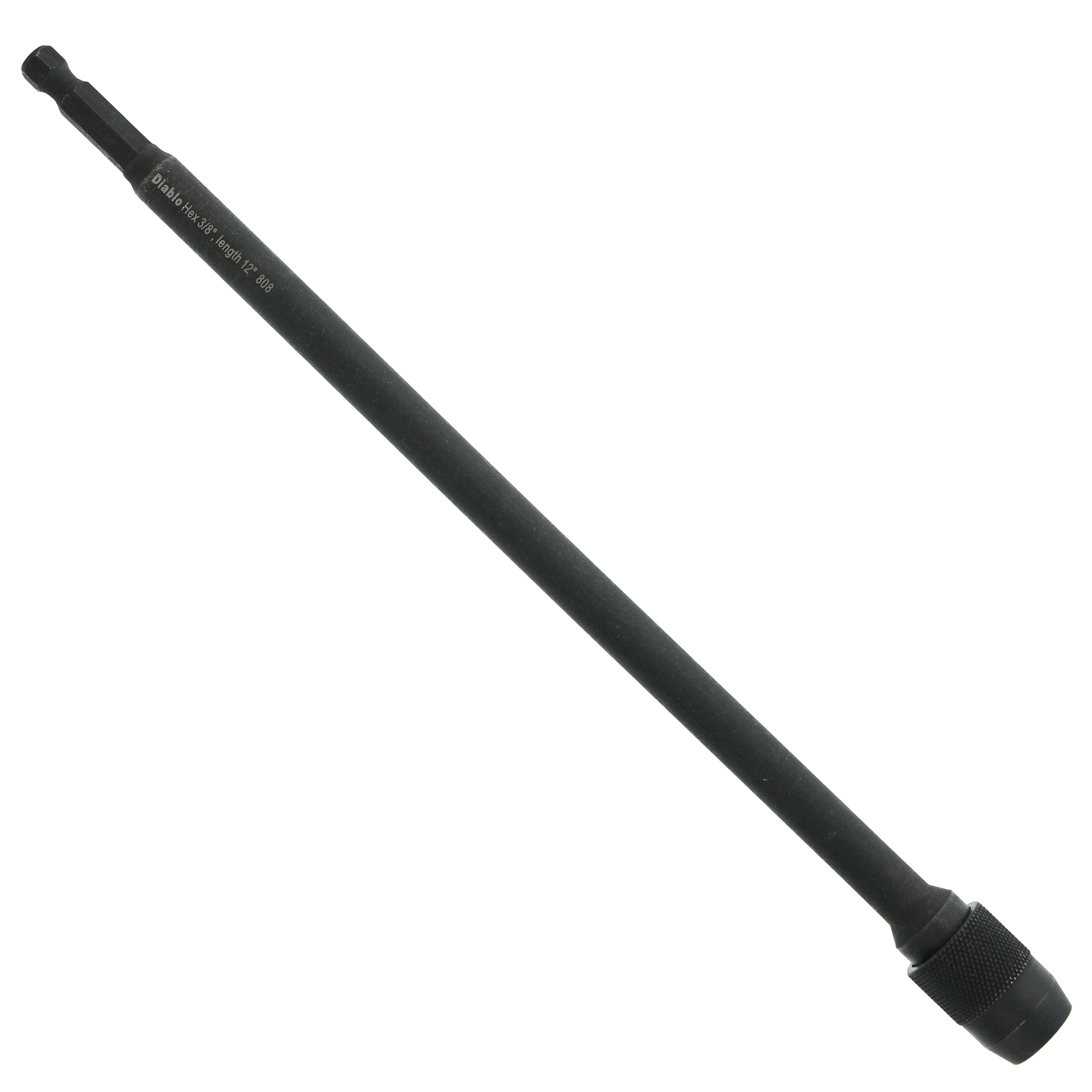 Black metal extension shaft with knurled grip end and engraved text on barrel.