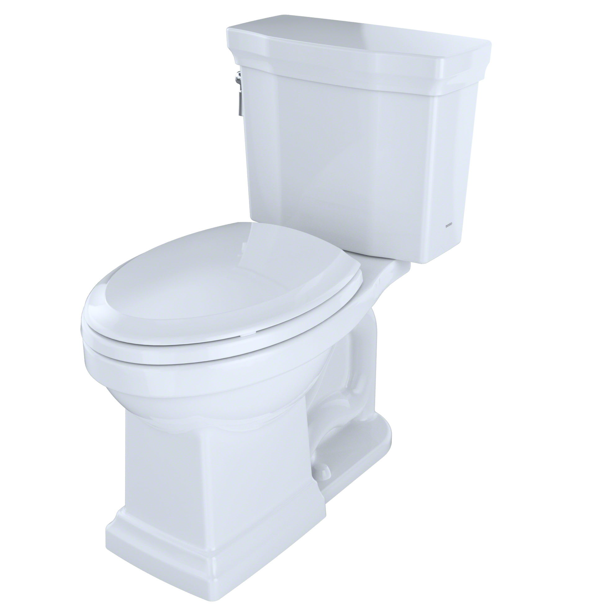 White two-piece elongated toilet with closed seat and tank against white background.