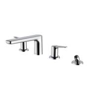 Polished chrome four-hole deck-mount Roman tub filler with two handles and detachable handshower.