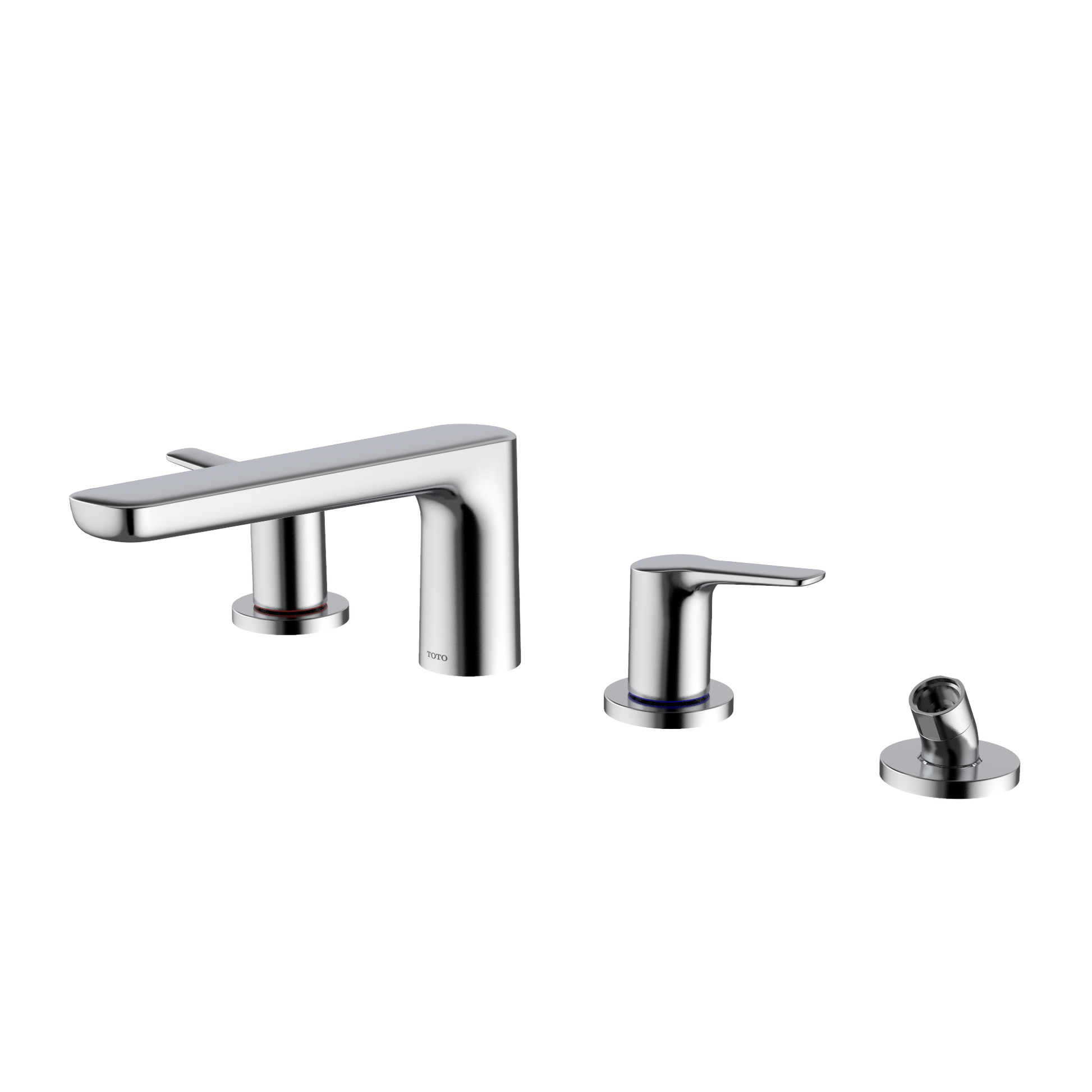 Polished chrome four-hole deck-mount Roman tub filler with two handles and detachable handshower.