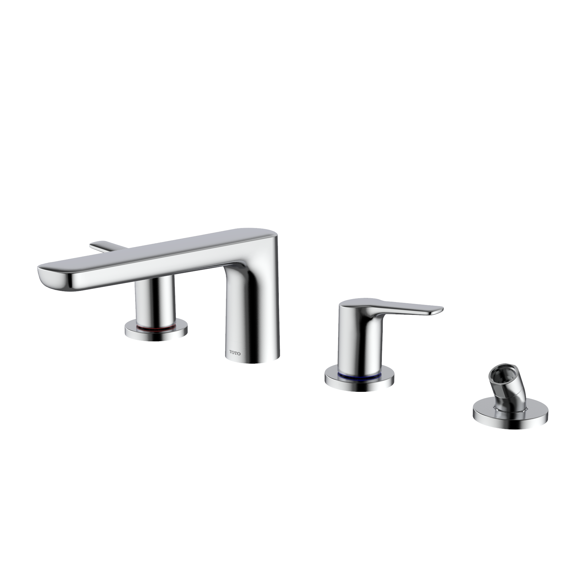 Polished chrome four-hole deck-mount Roman tub filler with two handles and detachable handshower.