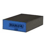 Flat rectangular sanding sponge with blue end labeled "Diablo" and "220" grit rating, gray abrasive surface on top and sides.