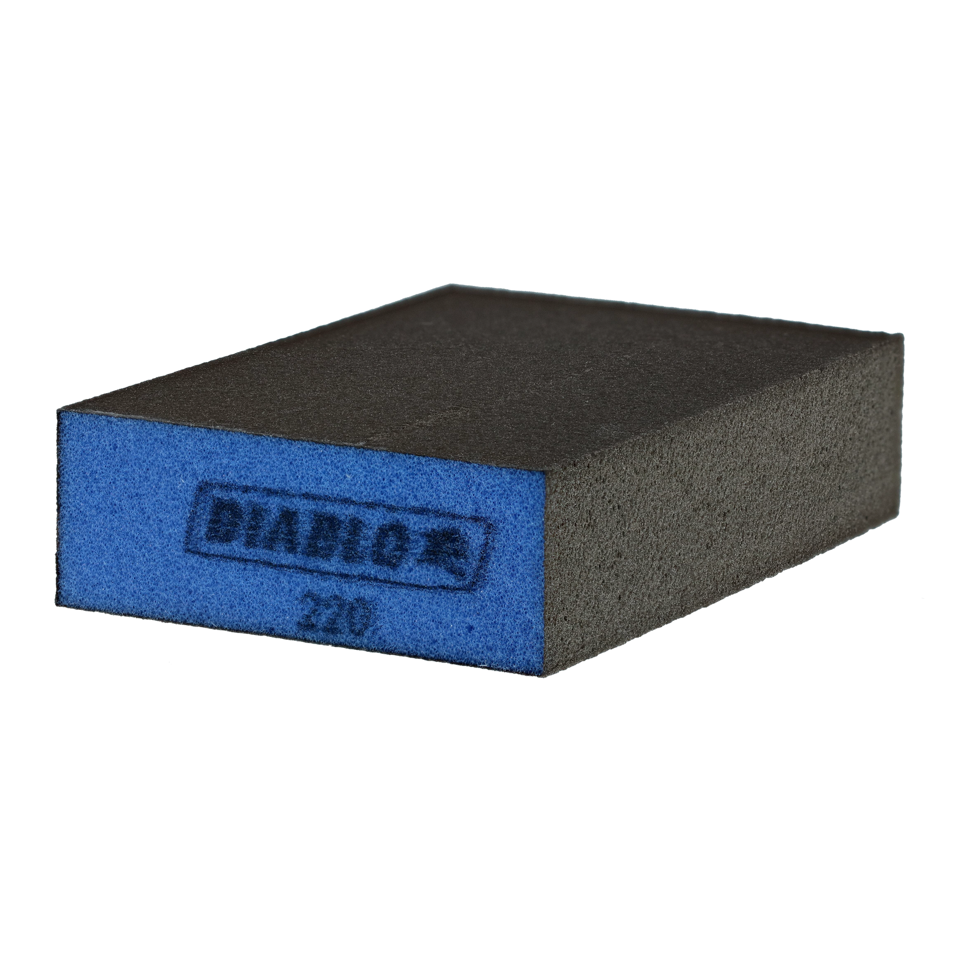 Flat rectangular sanding sponge with blue end labeled "Diablo" and "220" grit rating, gray abrasive surface on top and sides.