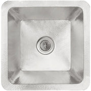 Stainless steel square bathroom sink with hammered texture and centered drain opening, viewed from above.