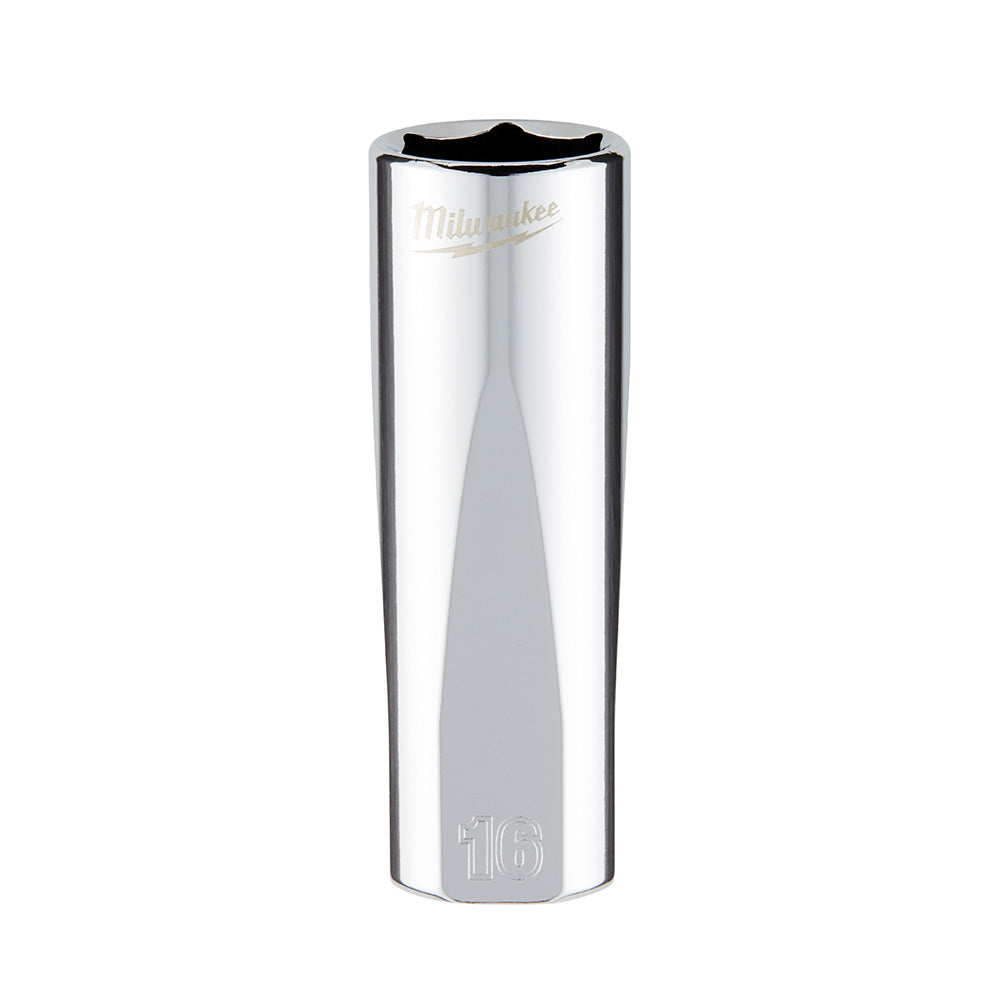 Polished chrome 16mm deep socket with hexagonal opening and Milwaukee branding on top.