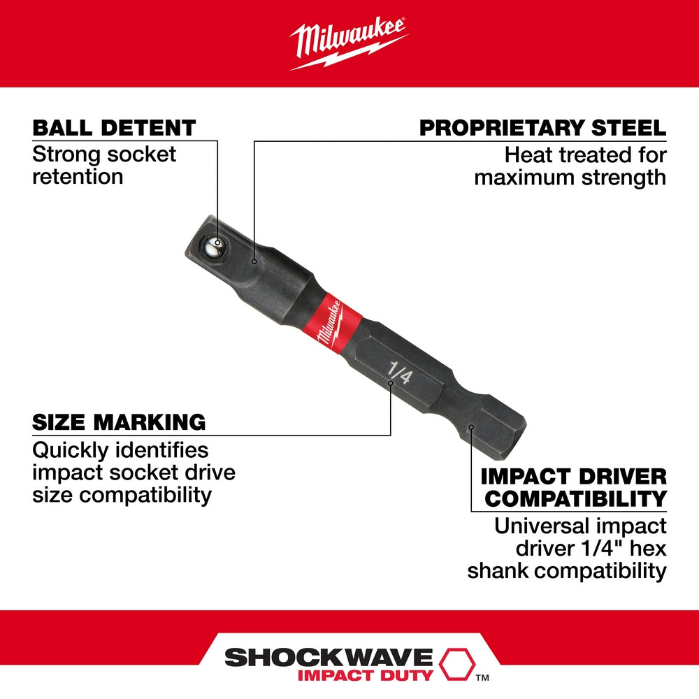 Milwaukee Shockwave 1/4 in. hex shank to 1/4 in. socket adapter with ball detent and size marking label.