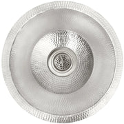 Satin stainless steel round sink with hammered texture interior and flat bottom, shown from above.