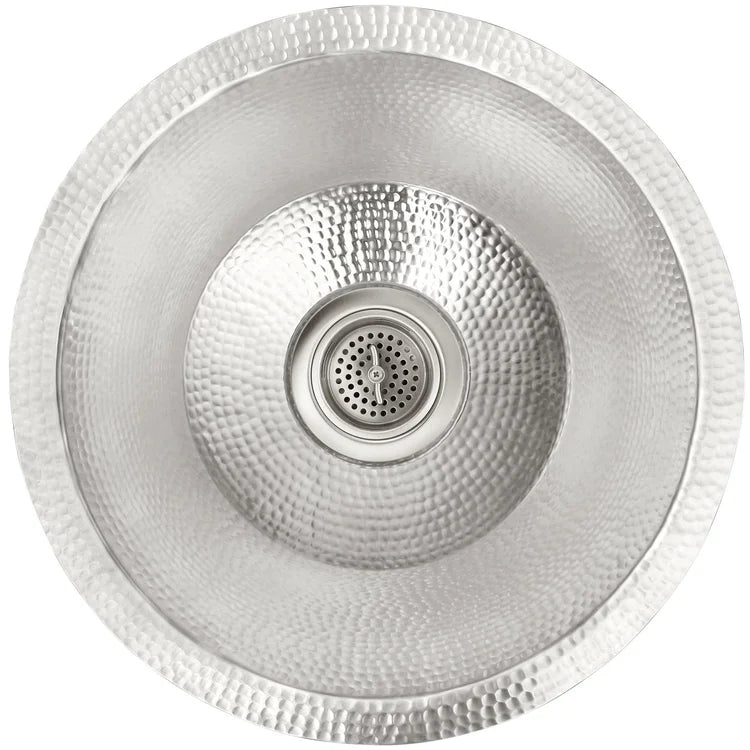 Satin stainless steel round sink with hammered texture interior and flat bottom, shown from above.