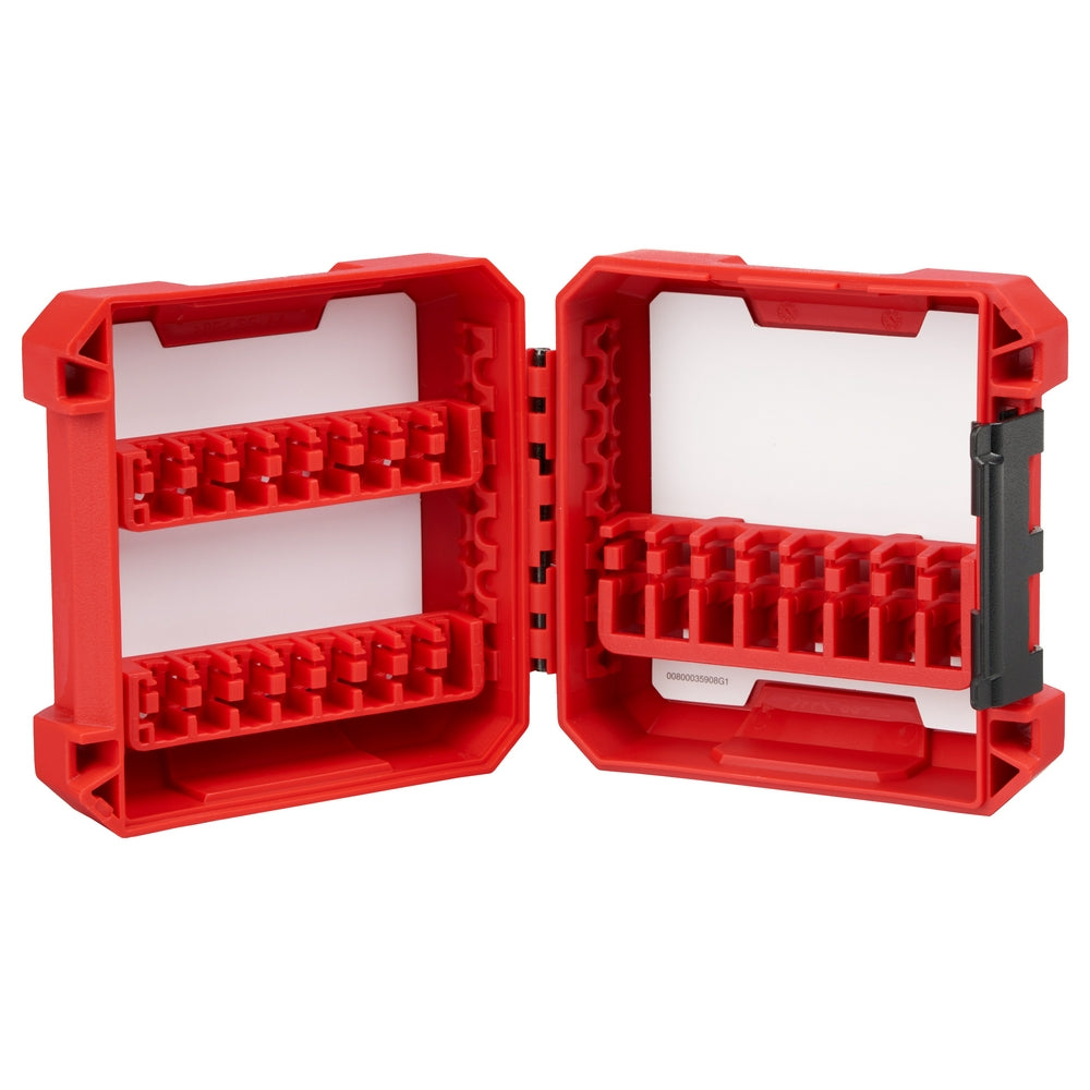 Red plastic case with open doors showing customizable red foam inserts and white compartments for storing accessories.
