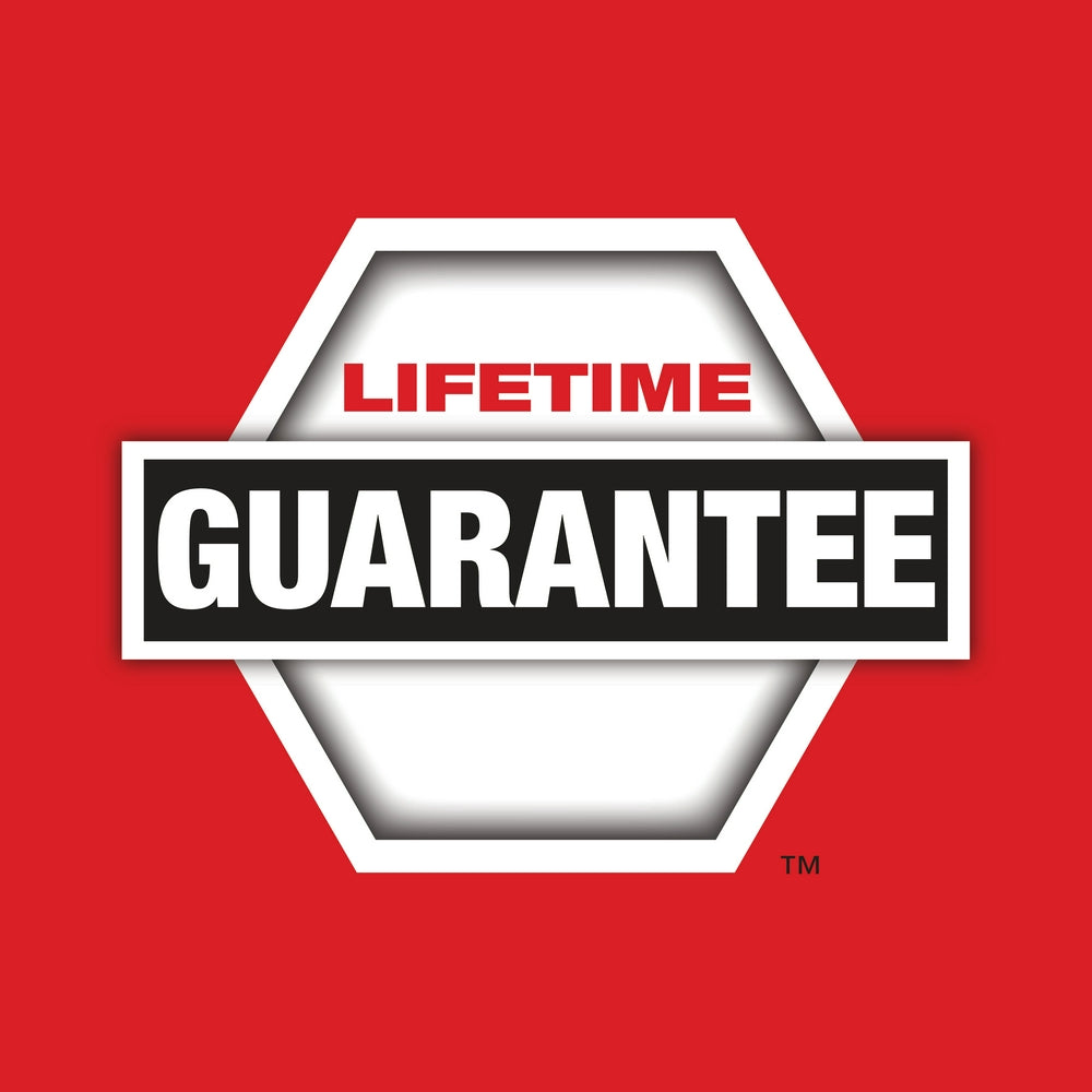 Milwaukee lifetime guarantee hexagonal badge with white and black text on red background.