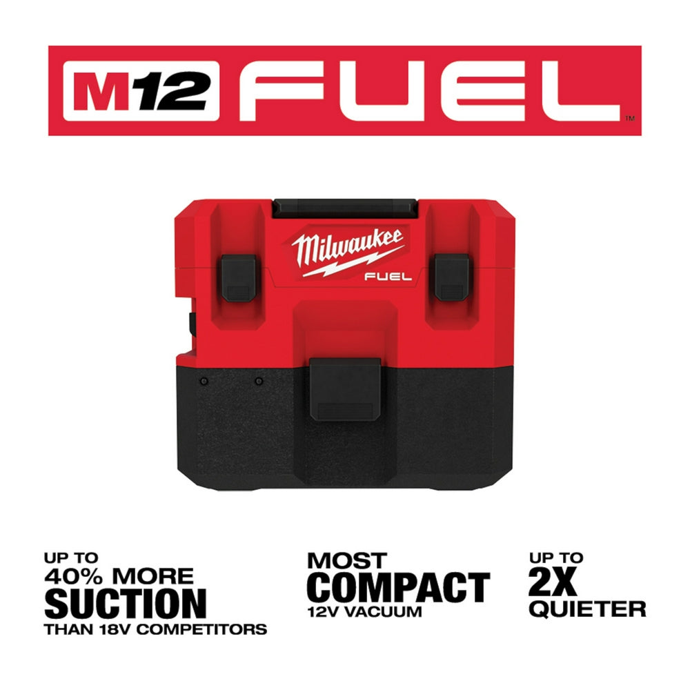 Red and black M12 FUEL compact wet/dry vacuum with carrying handle and Milwaukee branding.
