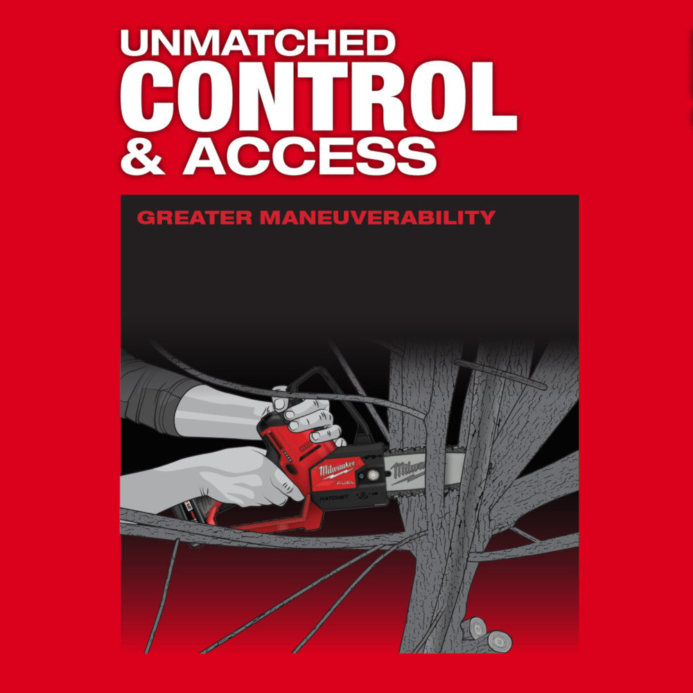 Red and black Milwaukee M12 pruning saw being held against a tree branch with marketing text overlay.