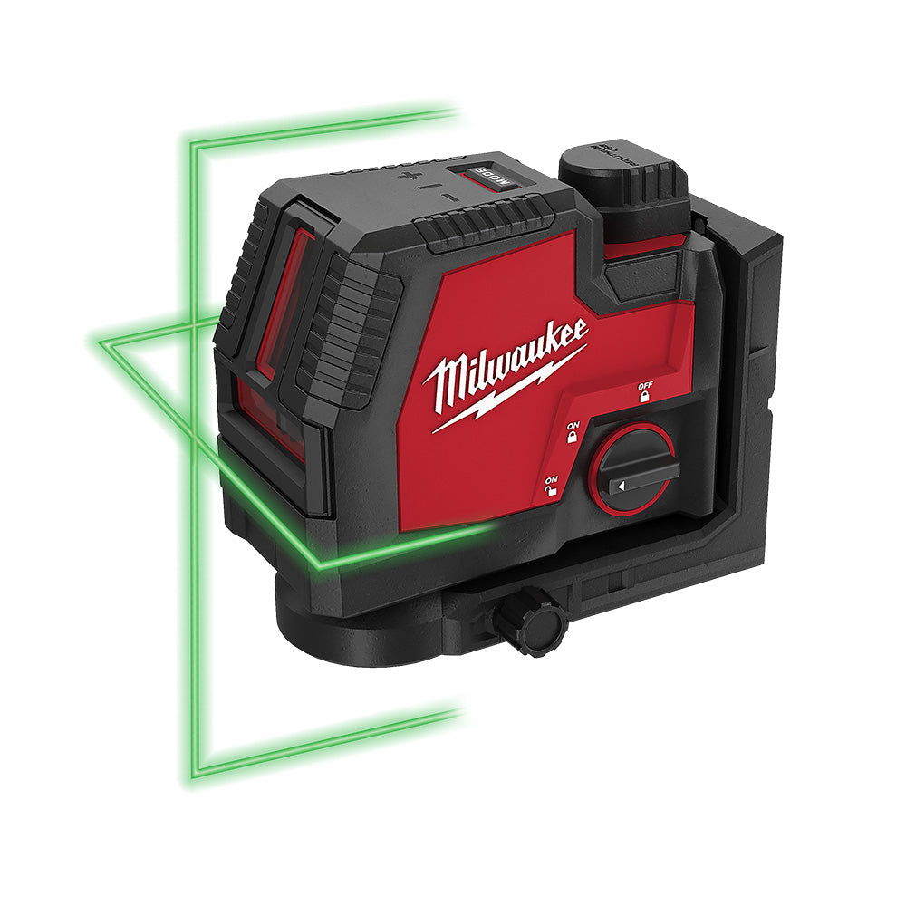Milwaukee red and black cross line laser projecting green horizontal and vertical lines.
