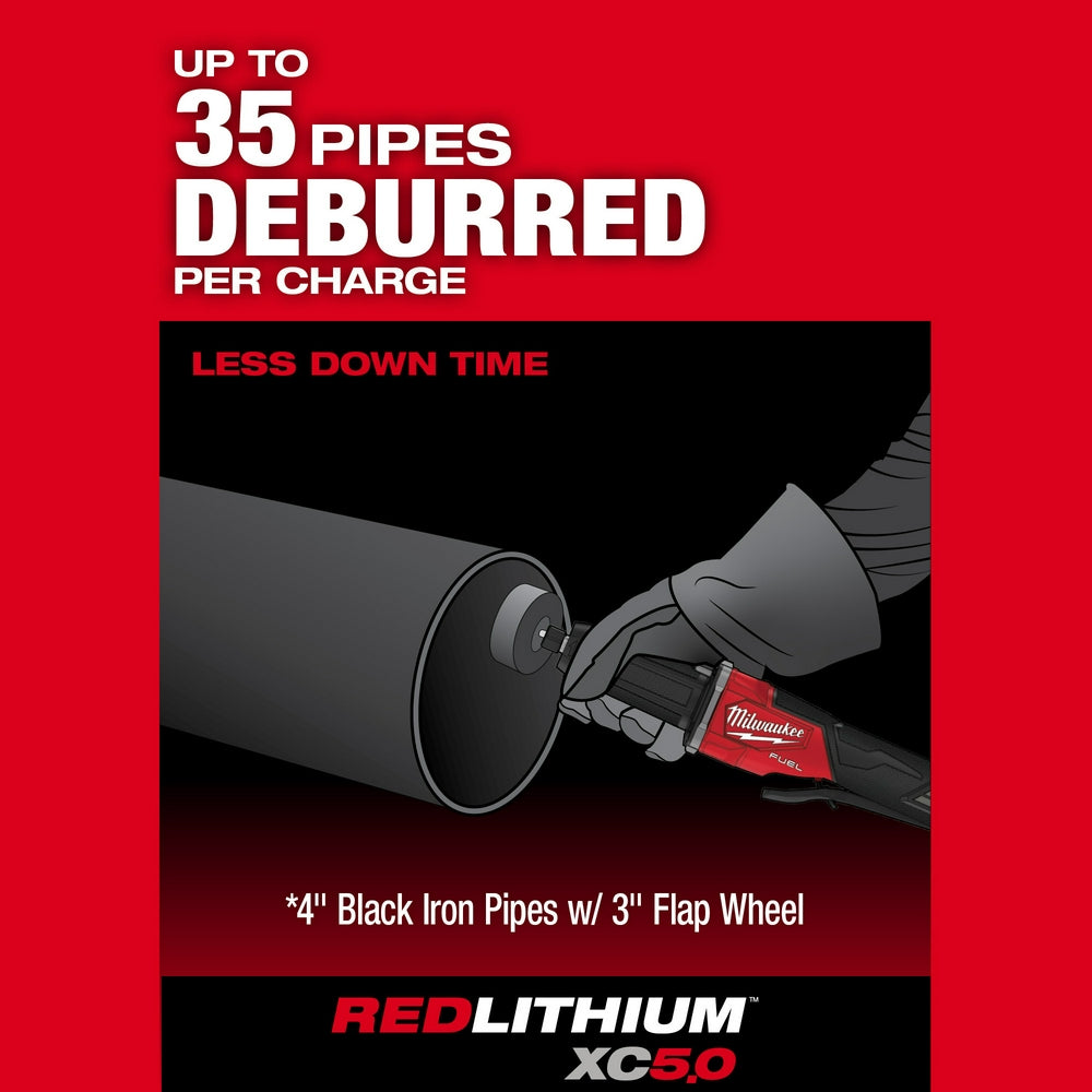 Red Milwaukee M18 FUEL die grinder with paddle switch held against black iron pipe with flap wheel attachment.