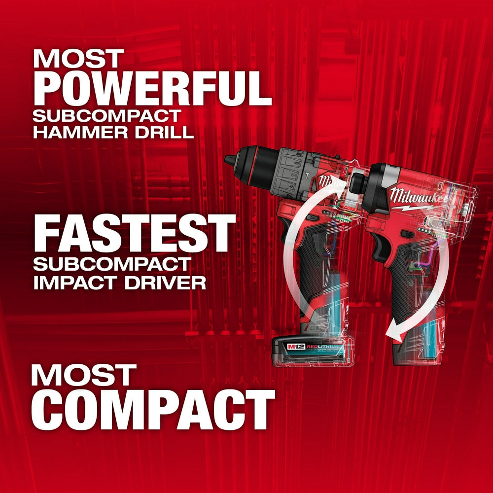 Red and black Milwaukee M12 FUEL hammer drill and impact driver with transparent housing showing internal components.