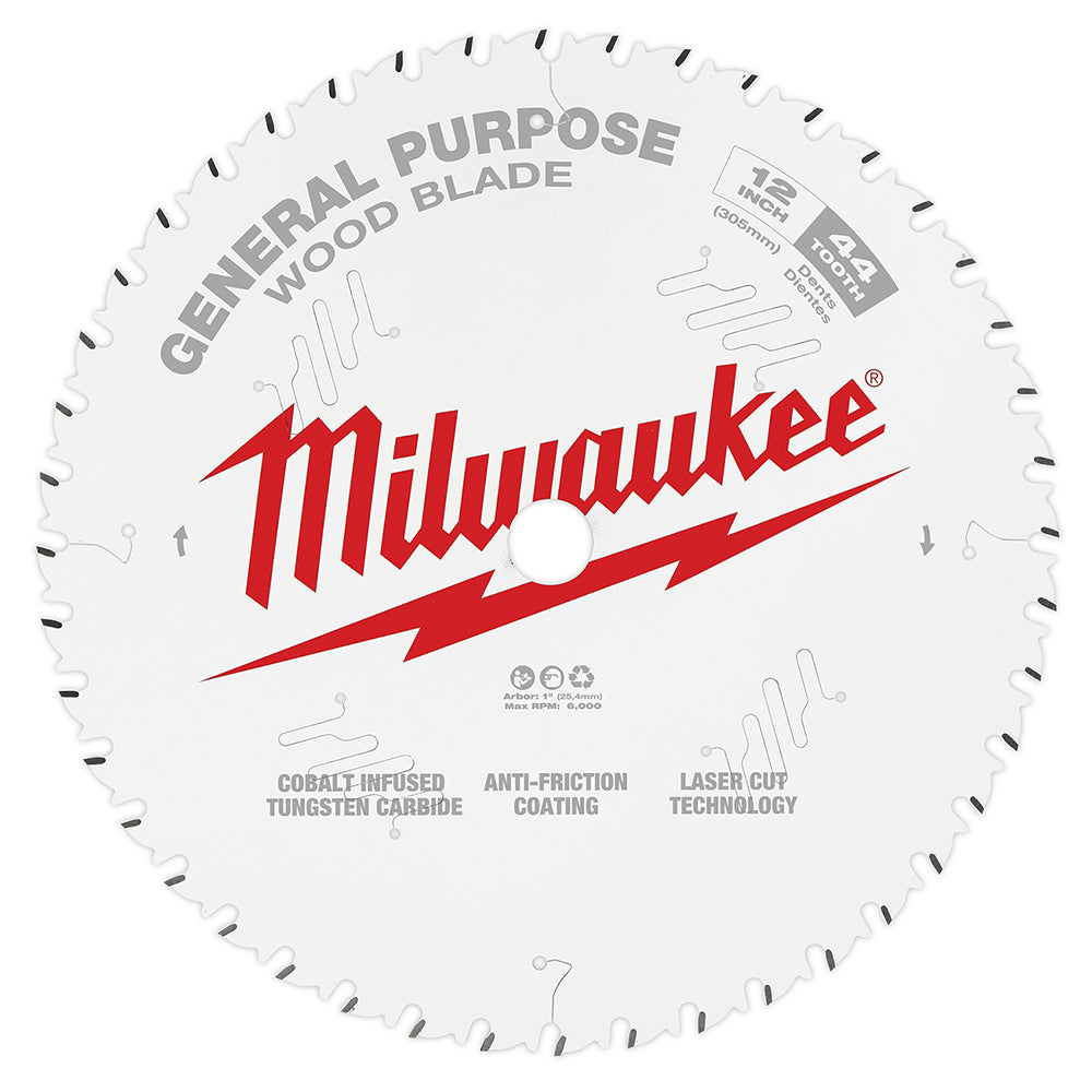 Milwaukee 12-inch circular saw blade with 44 teeth and center arbor hole on white face.