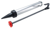 Silver aluminum barrel with black nozzle and red disc attachment for caulking gun.
