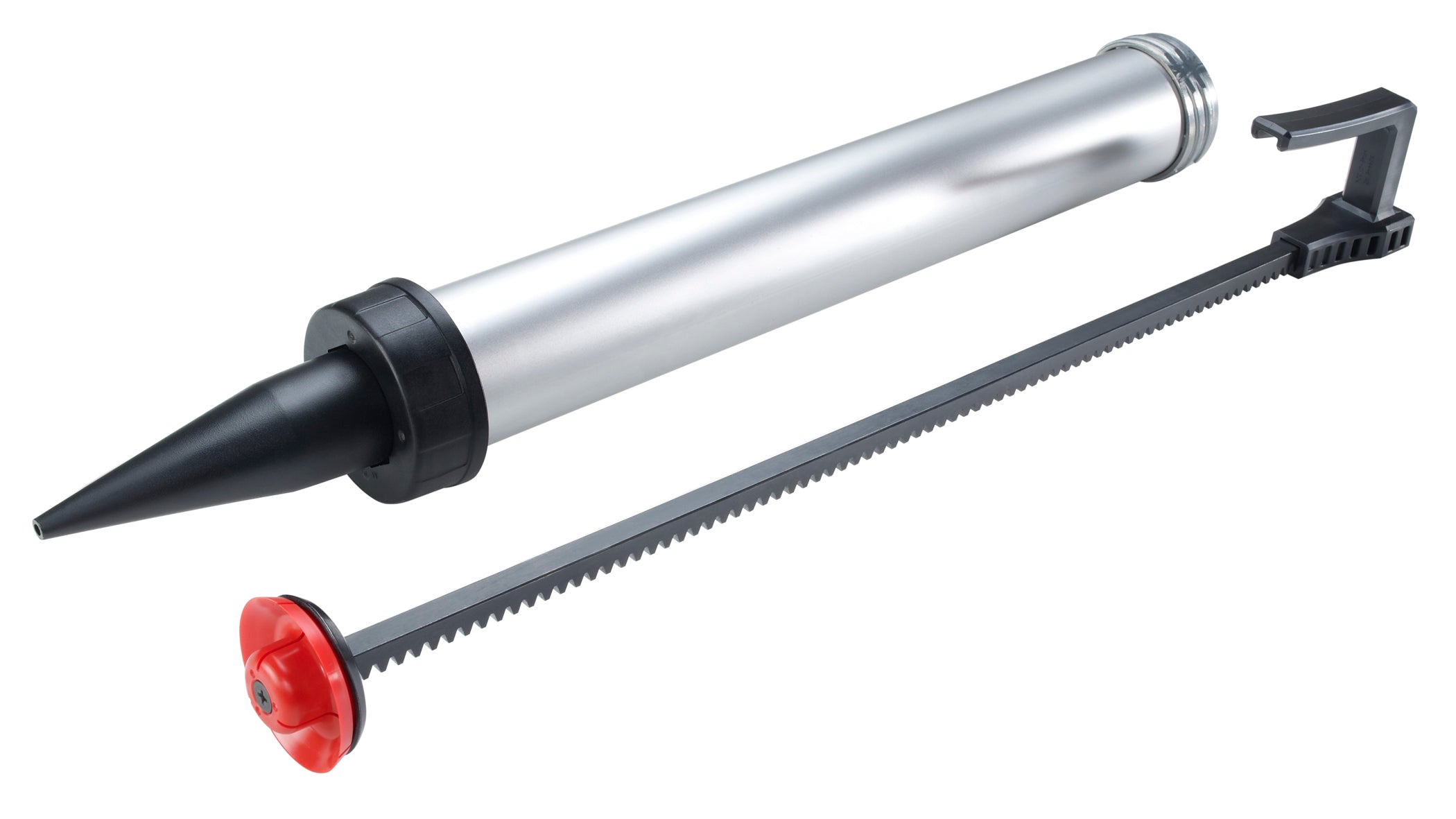 Silver aluminum barrel with black nozzle and red disc attachment for caulking gun.