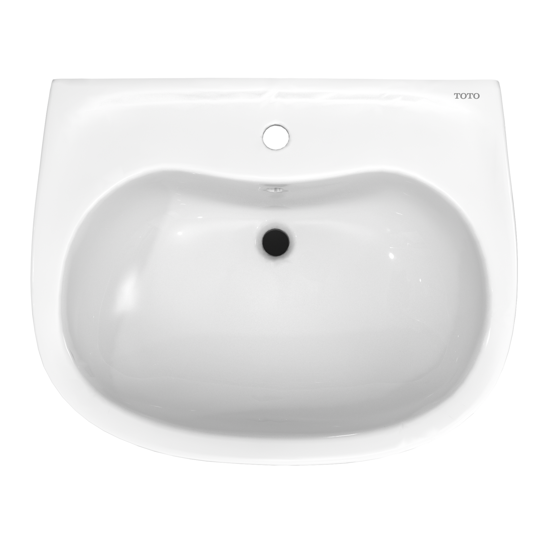 White oval pedestal sink basin with single faucet hole and overflow drain, front view.