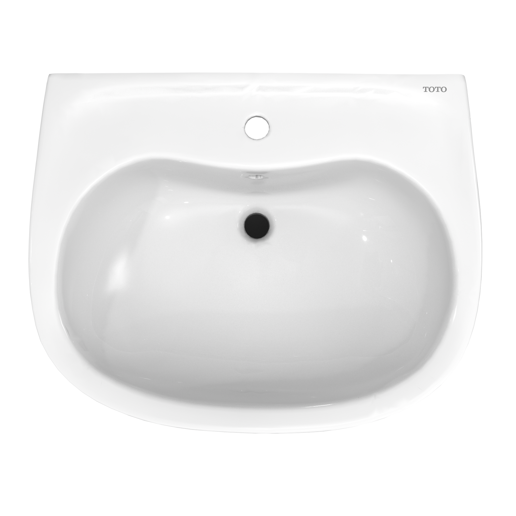 White oval pedestal sink basin with single faucet hole and overflow drain, front view.