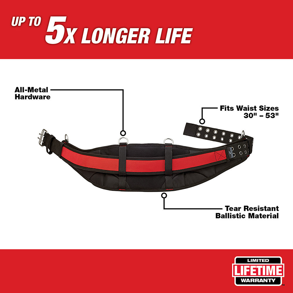 Black and red padded work belt with metal buckle and riveted tool loops, fits waist sizes 30" to 53".