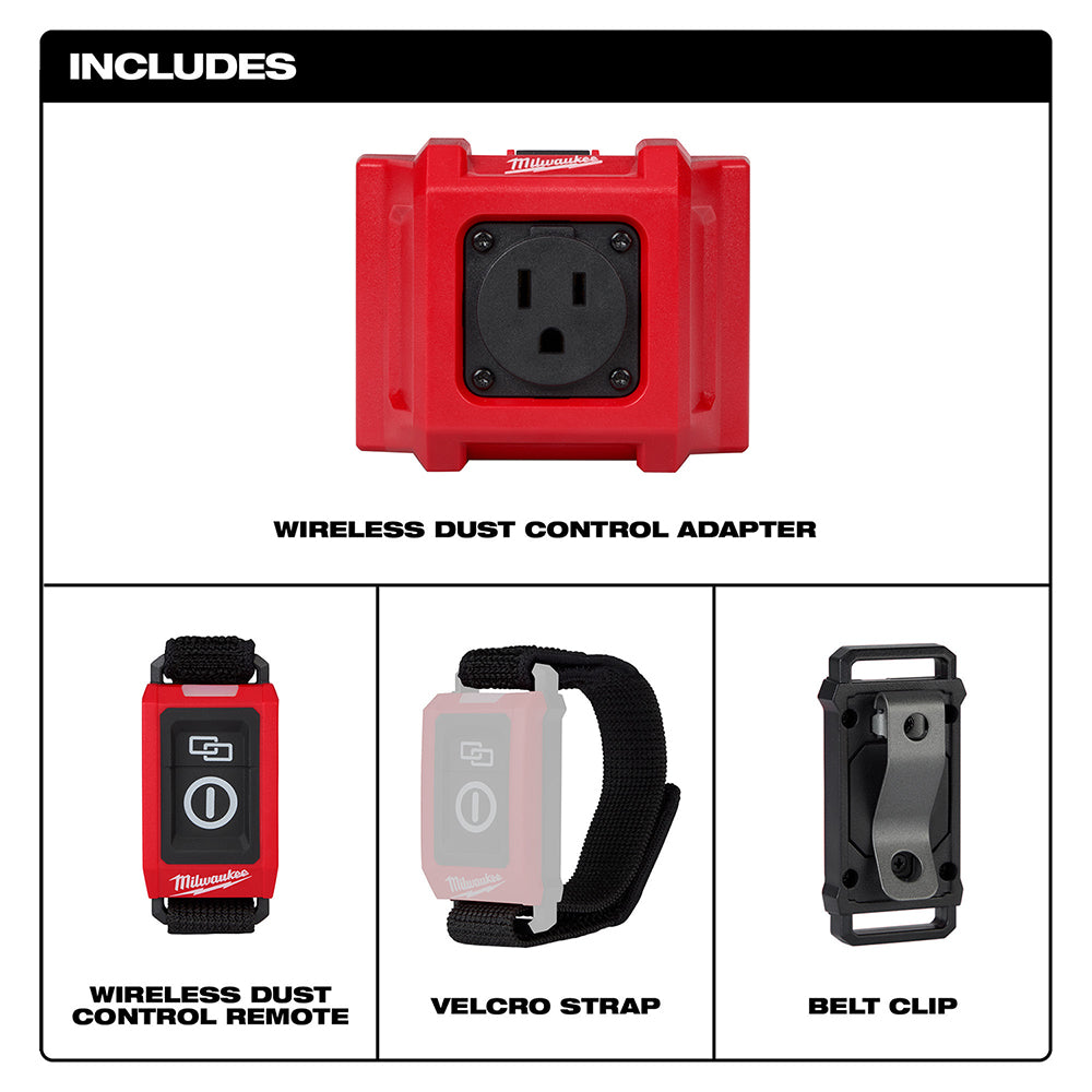 Red Milwaukee wireless dust control adapter with black outlet, remote with wrist strap, and belt clip included.