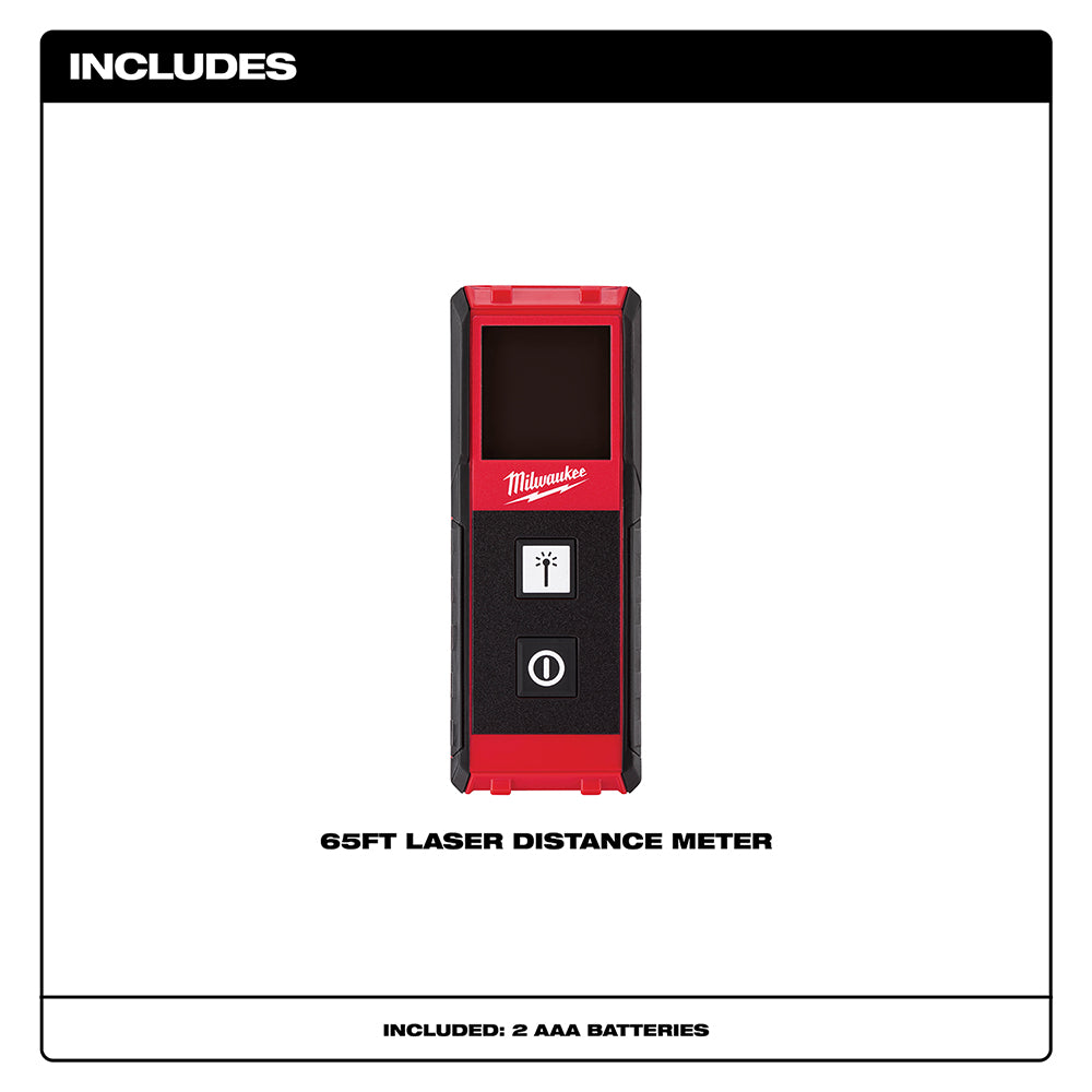 Milwaukee laser distance meter with red and black body, digital display, and two control buttons.