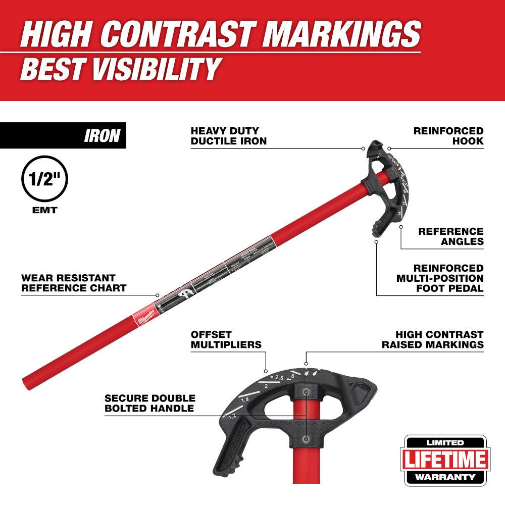 Milwaukee 1/2 in. iron conduit bender with red handle, black head, reinforced hook, foot pedal, and offset multipliers.