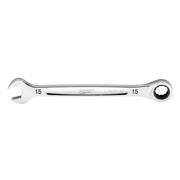 Silver 15mm ratcheting combination wrench with open jaw on left end and round ratchet head on right end.