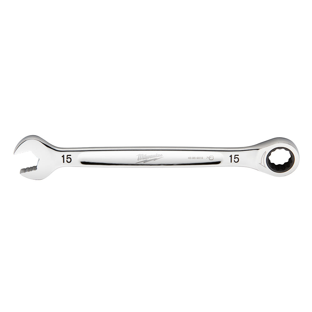 Silver 15mm ratcheting combination wrench with open jaw on left end and round ratchet head on right end.