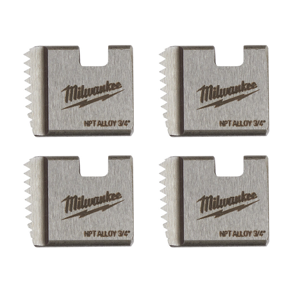 Four Milwaukee 3/4" NPT alloy pipe threading dies with serrated cutting edges and rectangular shape.