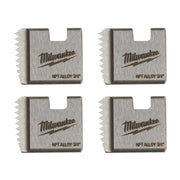 Four Milwaukee 3/4" NPT alloy pipe threading dies with serrated cutting edges and rectangular shape.