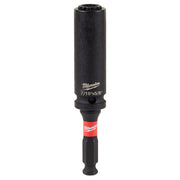 Black Milwaukee Shockwave 2-in-1 socket with red band and 7/16"x5/8" markings on cylindrical body.