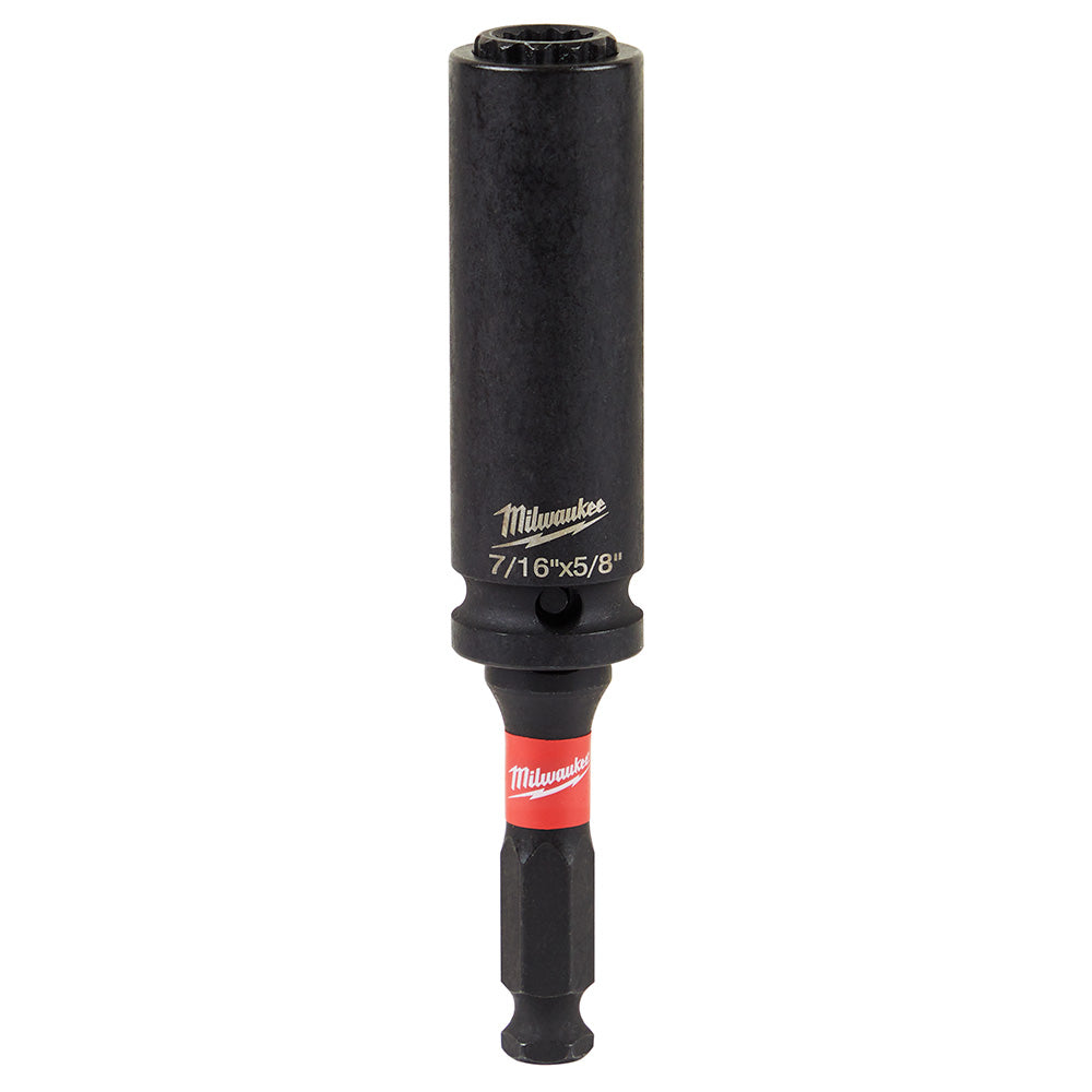 Black Milwaukee Shockwave 2-in-1 socket with red band and 7/16"x5/8" markings on cylindrical body.