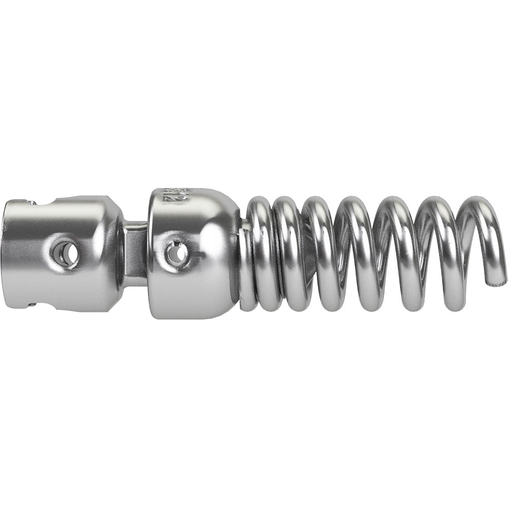 Metal auger cable section with two cylindrical connectors on left end and coiled spring segment extending right.