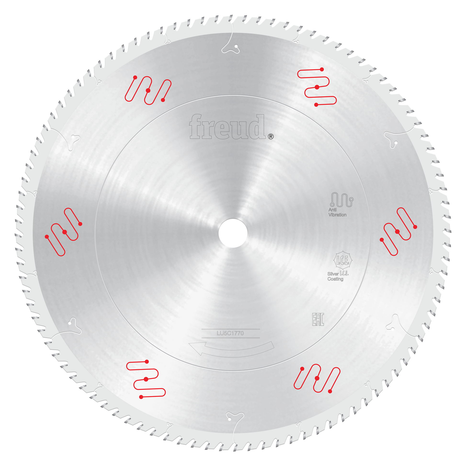 15-inch circular saw blade with fine teeth around perimeter, Freud branding, and red technical markings on silver surface.